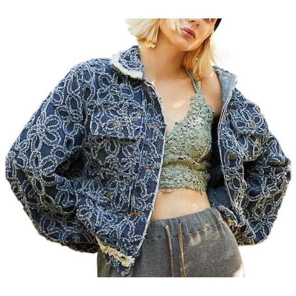 POL / Textured Denim Jacket / Boho Floral Denim Coat - Picture 3 of 3